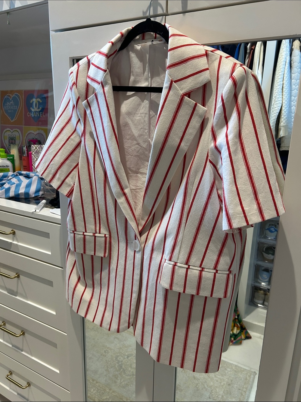 Short-Sleeve White Blazer with Red Stripes - Women's Tailored Jacket